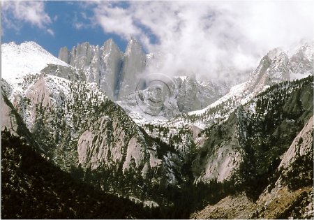 Eastern Sierra Nevada Mountain Range west of Lone Pine, Alabama Hills stands Mount Whitney 14,494'